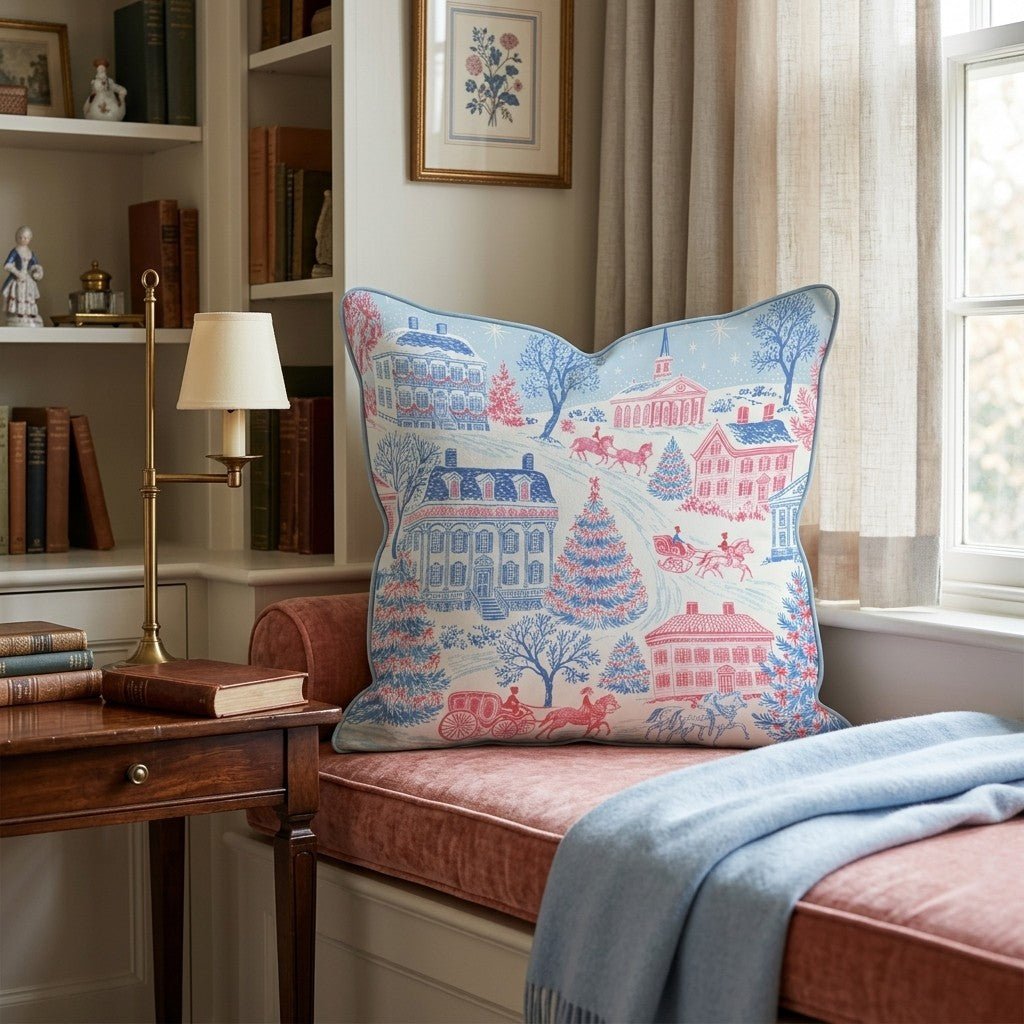 Blue Toile Village Throw Pillow - Hillcroft Home
