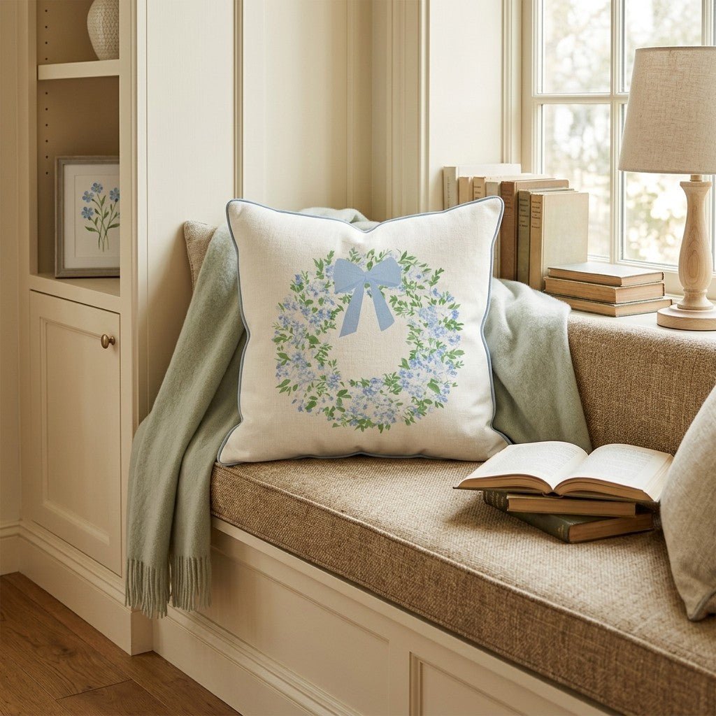 Blue Wreath Throw Pillow - Hillcroft Home