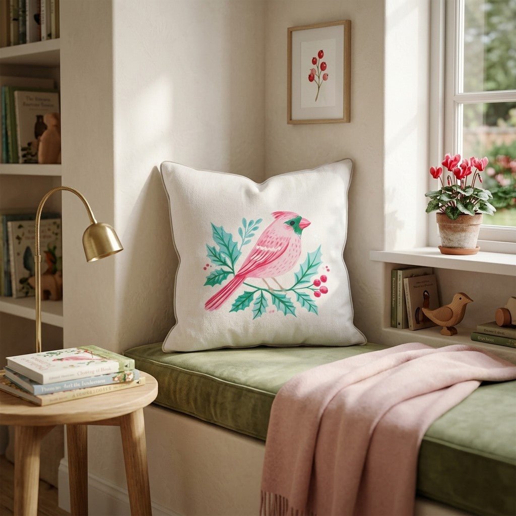 Blush Cardinal Holly Branch Throw Pillow - Hillcroft Home