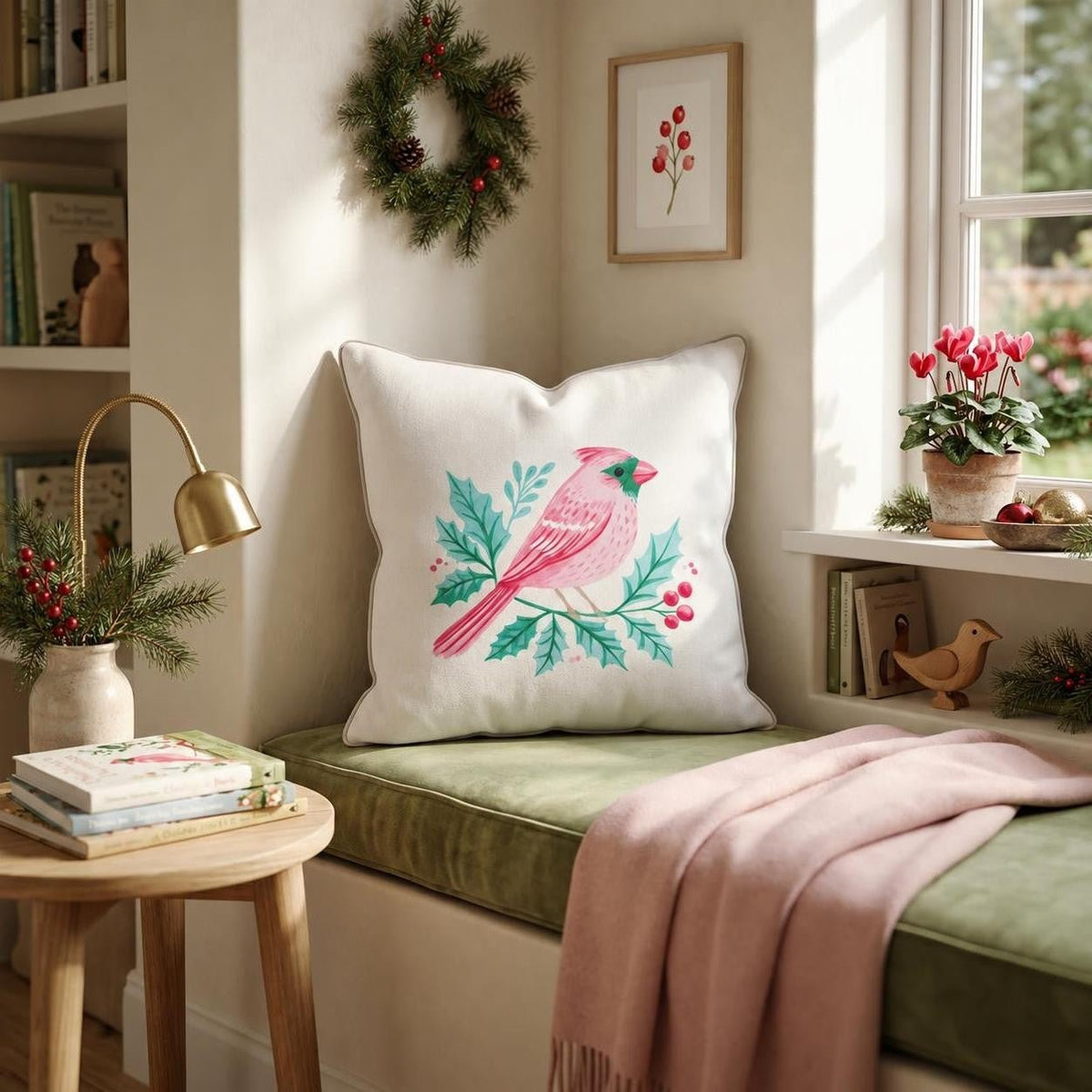 Blush Cardinal Holly Branch Throw Pillow throw pillow - Hillcroft Home