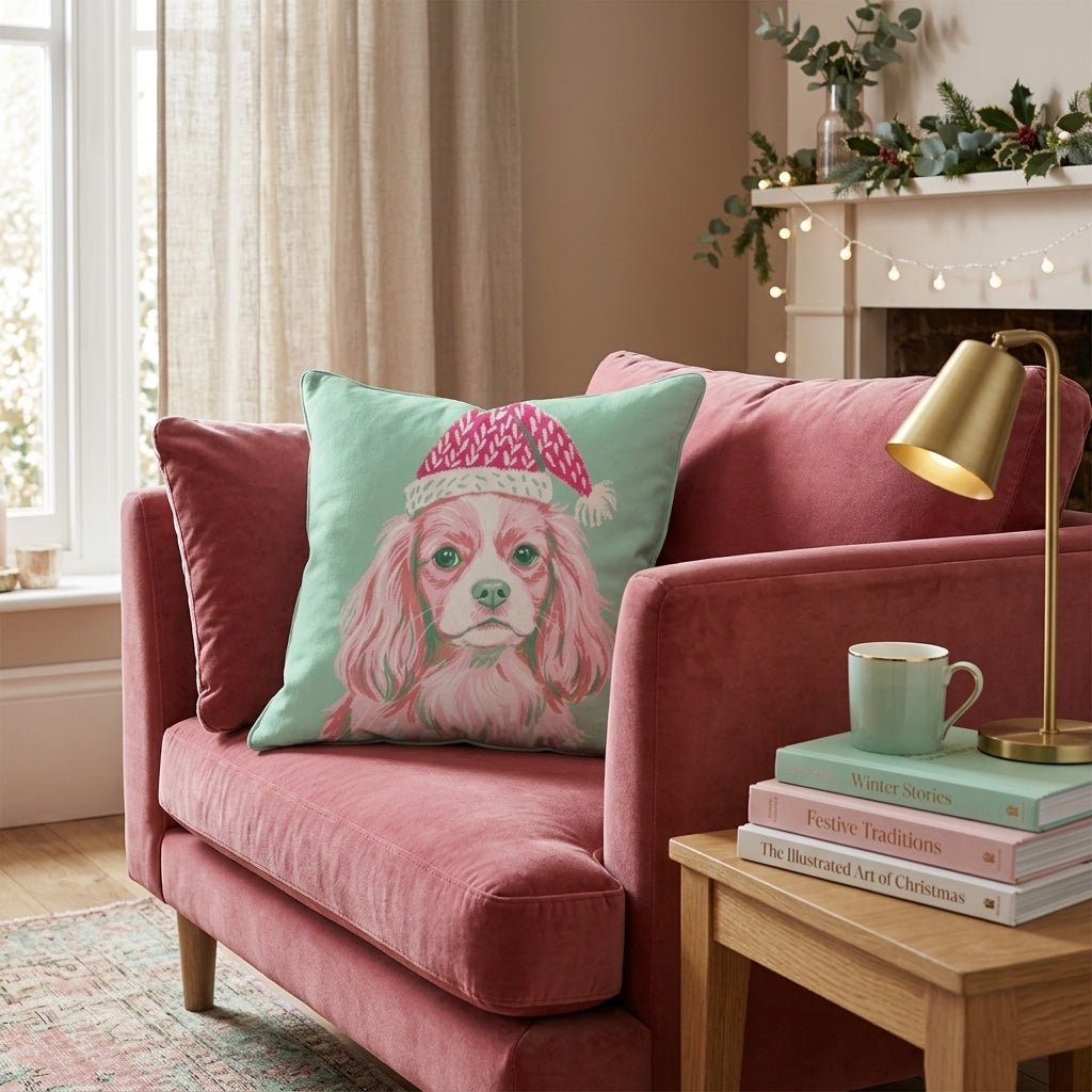 Blush Cavalier King Charles Spaniel Santa Cap Throw Pillow - Hillcroft Home