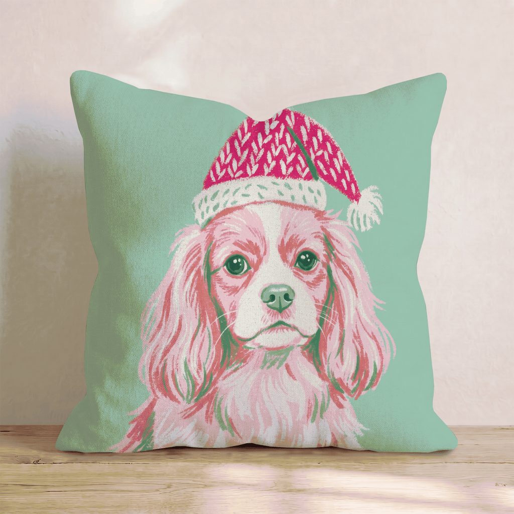 Blush Cavalier King Charles Spaniel Santa Cap Throw Pillow - Hillcroft Home