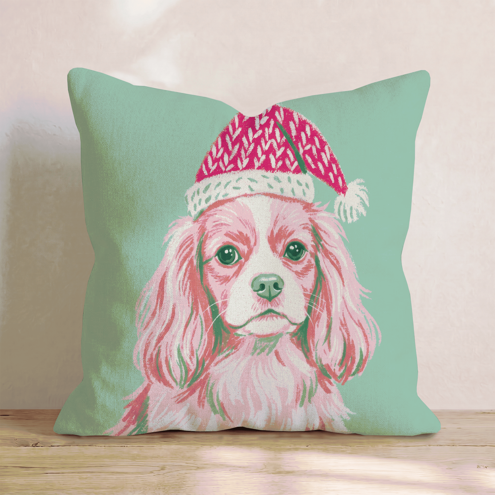 Blush Cavalier King Charles Spaniel Santa Cap Throw Pillow - Hillcroft Home