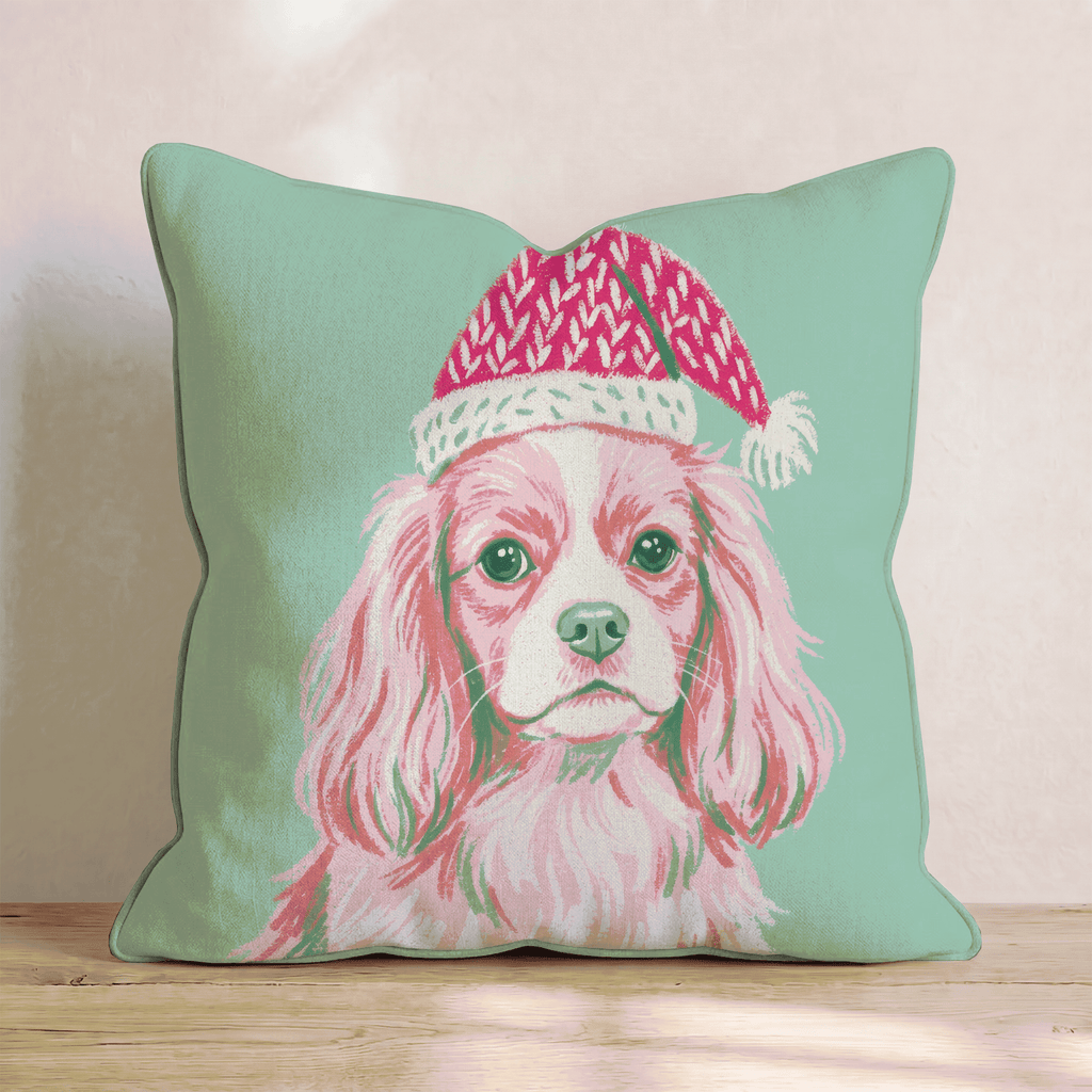 Blush Cavalier King Charles Spaniel Santa Cap Throw Pillow - Hillcroft Home
