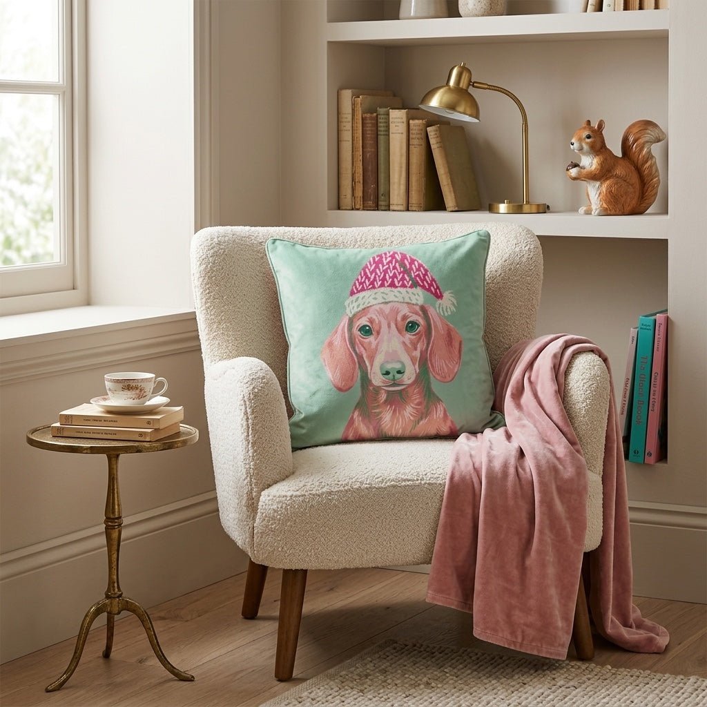 Blush Dachshund Santa Cap Throw Pillow - Hillcroft Home