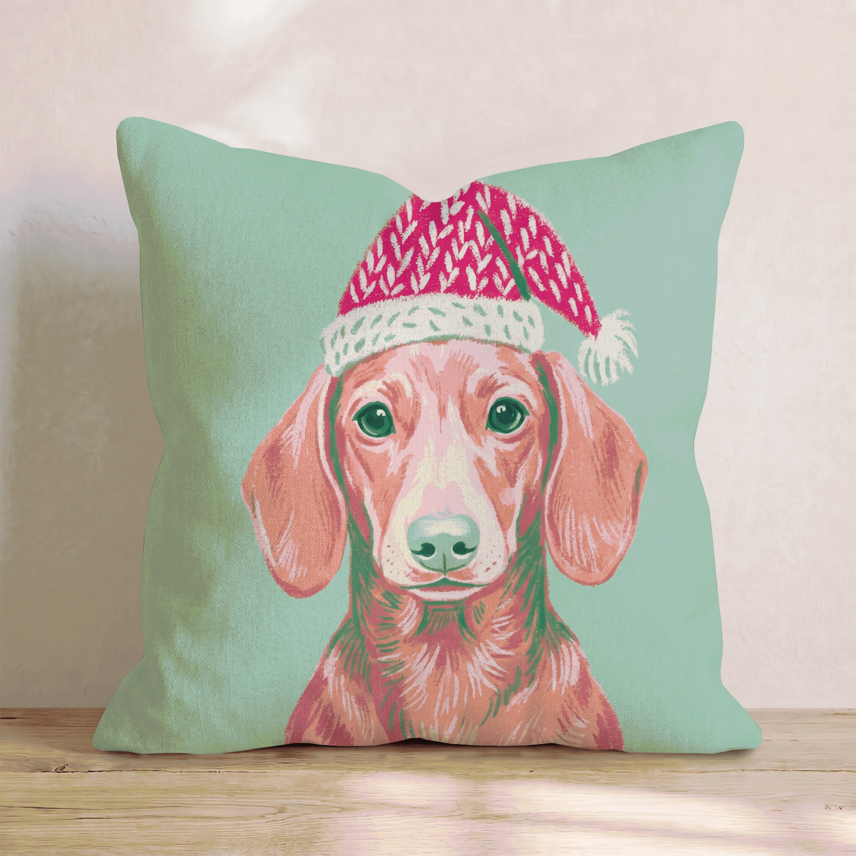 Blush Dachshund Santa Cap Throw Pillow - Hillcroft Home
