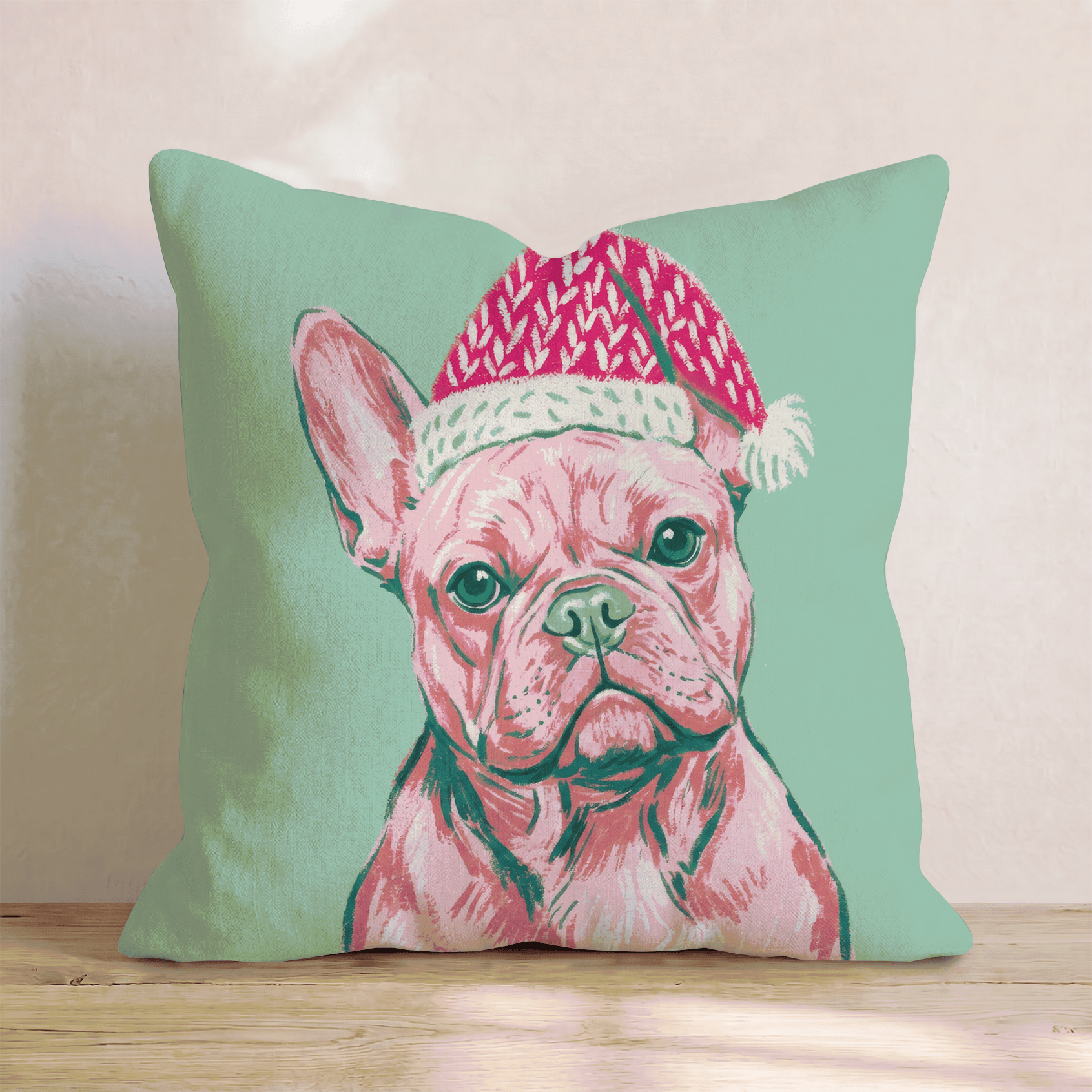 Blush French Bulldog Santa Cap Throw Pillow - Hillcroft Home