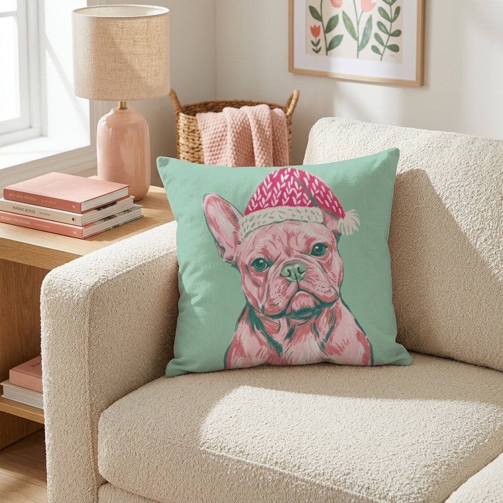 Blush French Bulldog Santa Cap Throw Pillow - Hillcroft Home