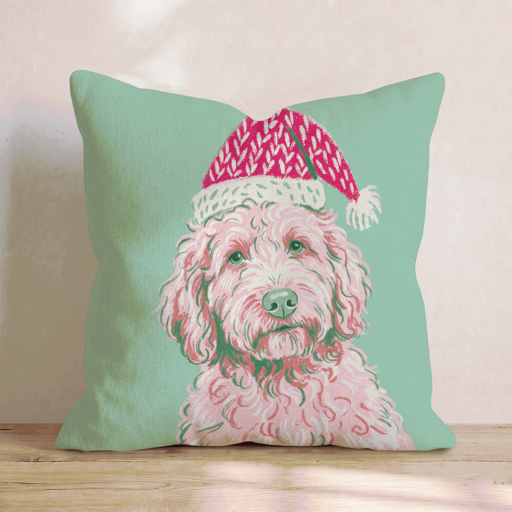 Blush Goldendoodle Santa Cap Throw Pillow - Hillcroft Home