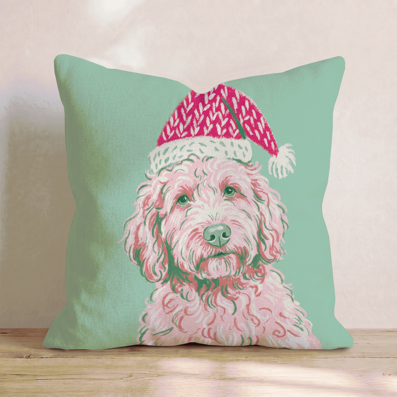 Blush Goldendoodle Santa Cap Throw Pillow - Hillcroft Home