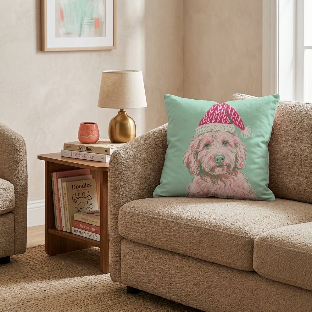 Blush Goldendoodle Santa Cap Throw Pillow - Hillcroft Home