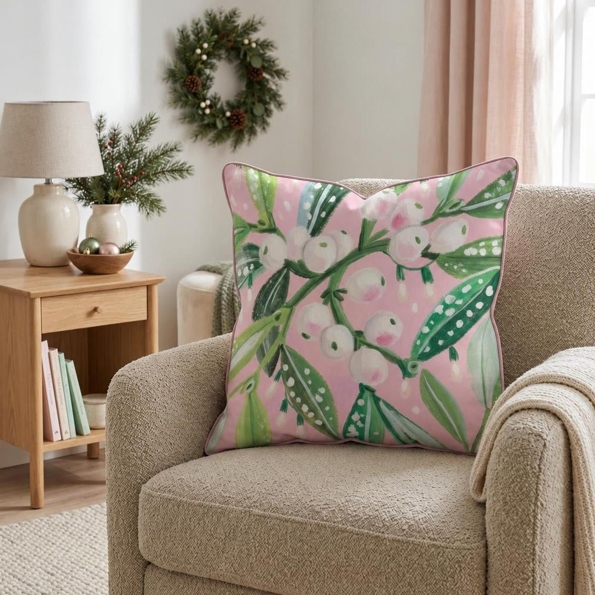 Blush Mistletoe Sprig Throw Pillow throw pillow - Hillcroft Home