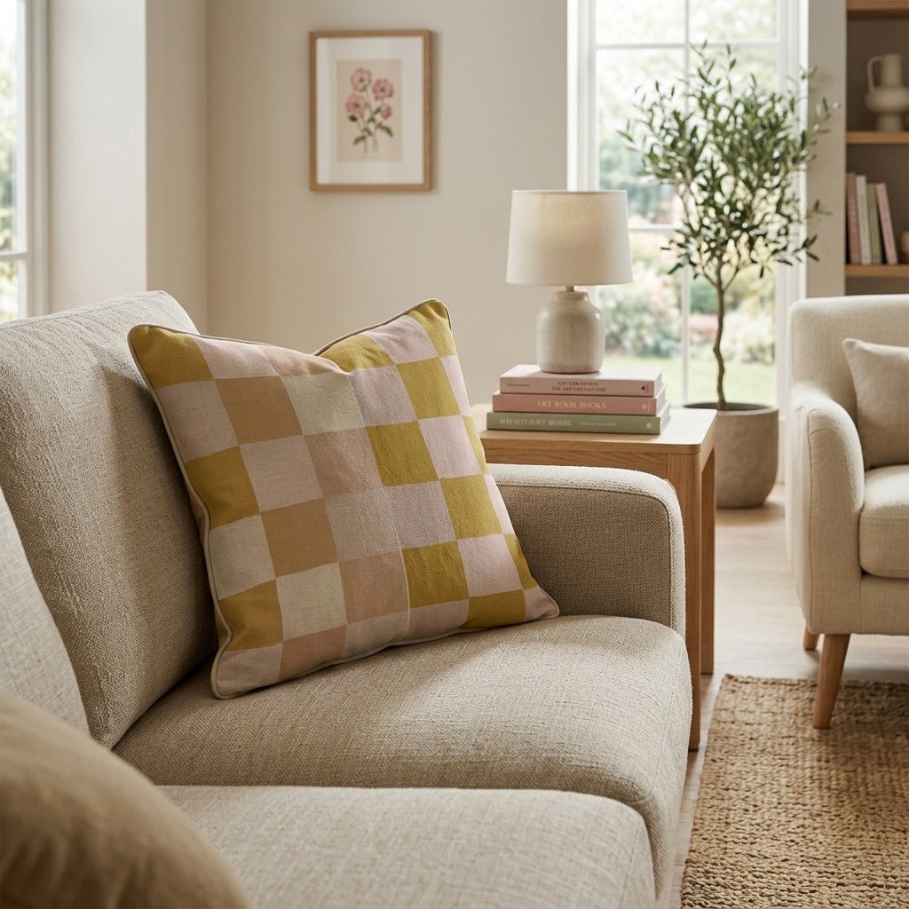 Blush Mustard Split Check Throw Pillow - Hillcroft Home