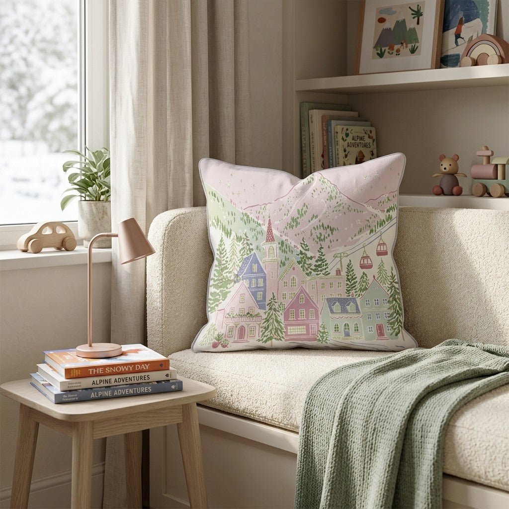 Blush Peak Ski Village Throw Pillow - Hillcroft Home