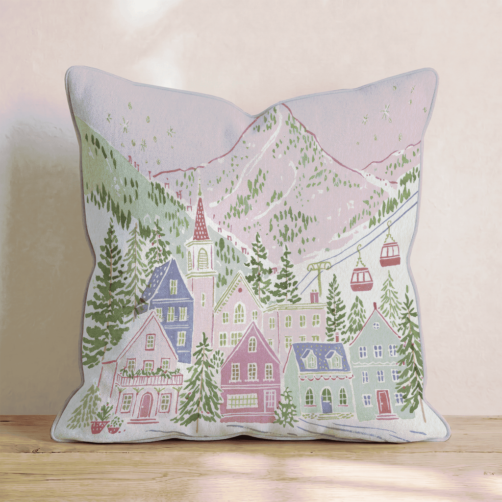 Blush Peak Ski Village Throw Pillow - Hillcroft Home