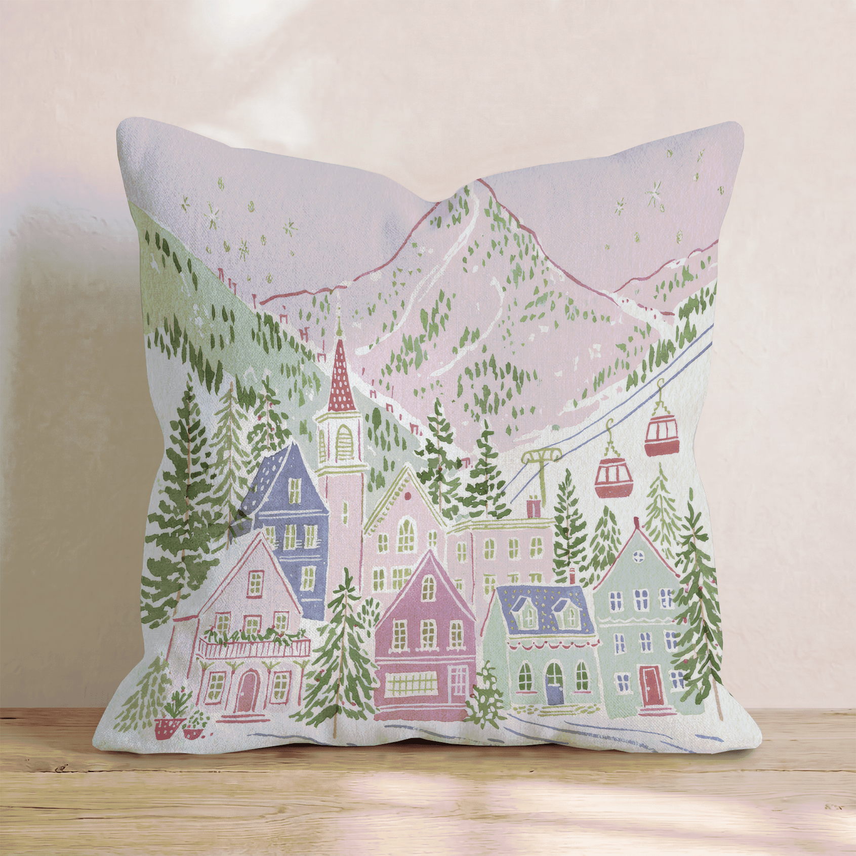 Blush Peak Ski Village Throw Pillow - Hillcroft Home