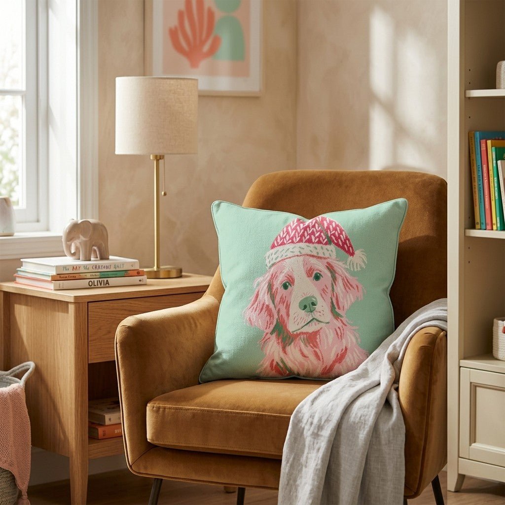 Blush Retriever Santa Cap Throw Pillow - Hillcroft Home