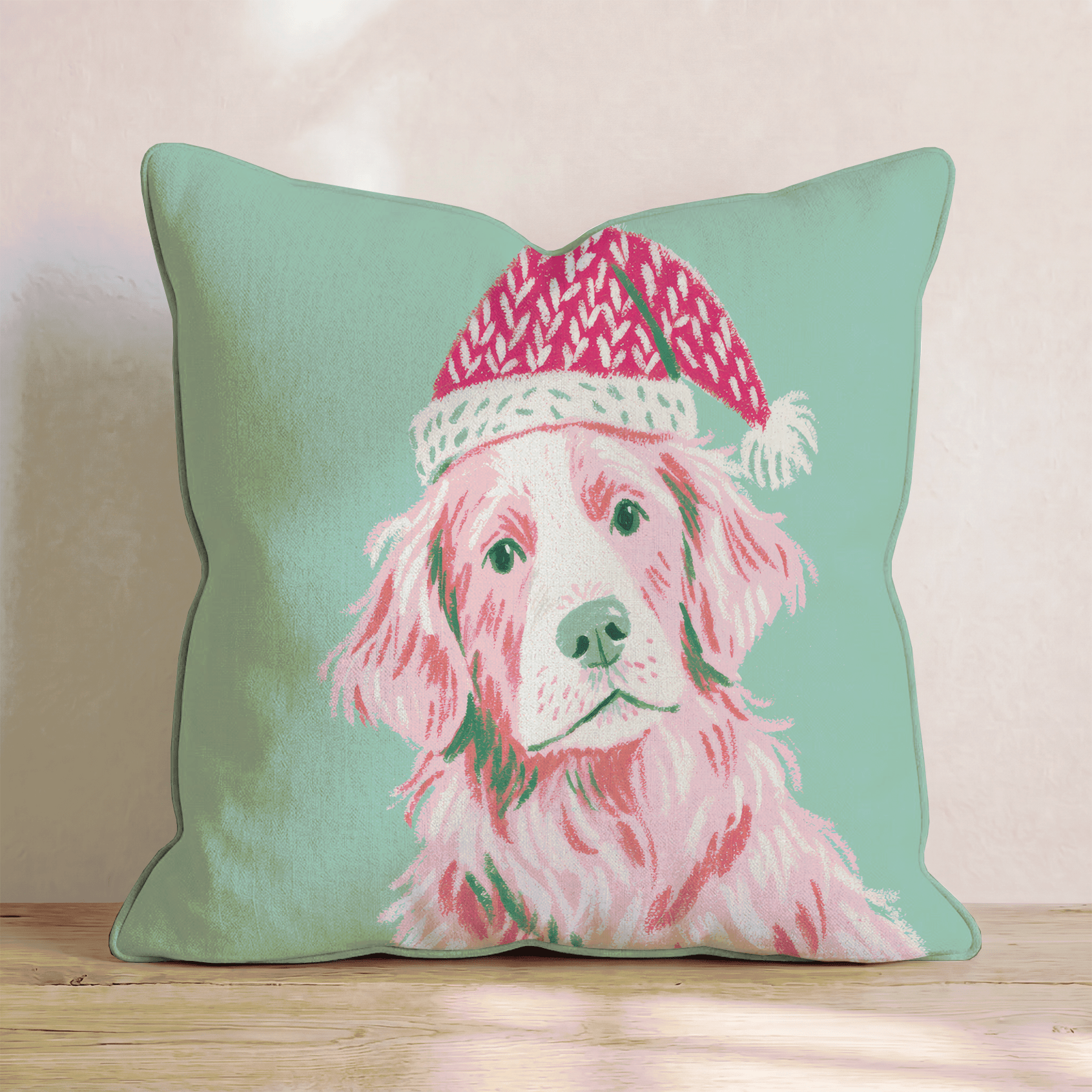 Blush Retriever Santa Cap Throw Pillow - Hillcroft Home