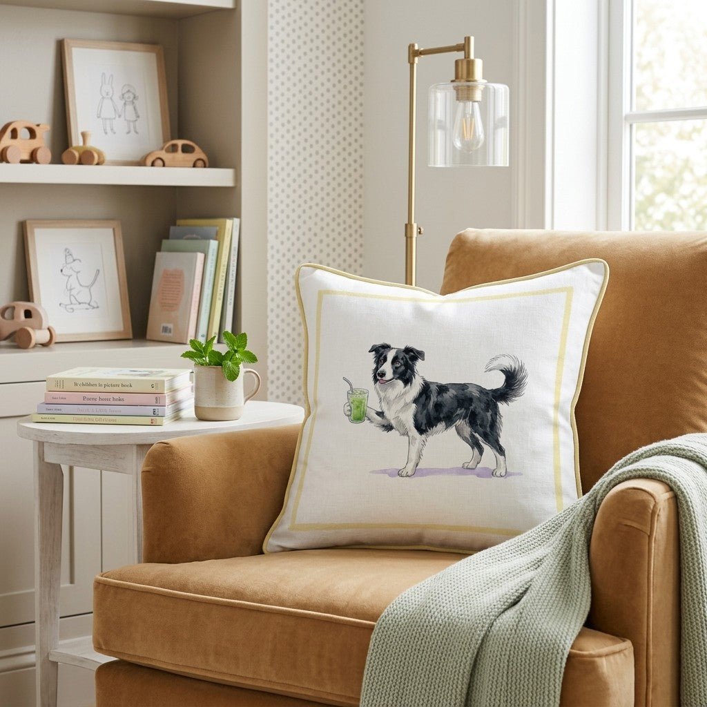 Border Collie Matcha Throw Pillow - Hillcroft Home