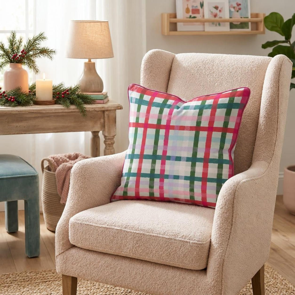 Bright And Merry Plaid Throw Pillow throw pillow - Hillcroft Home