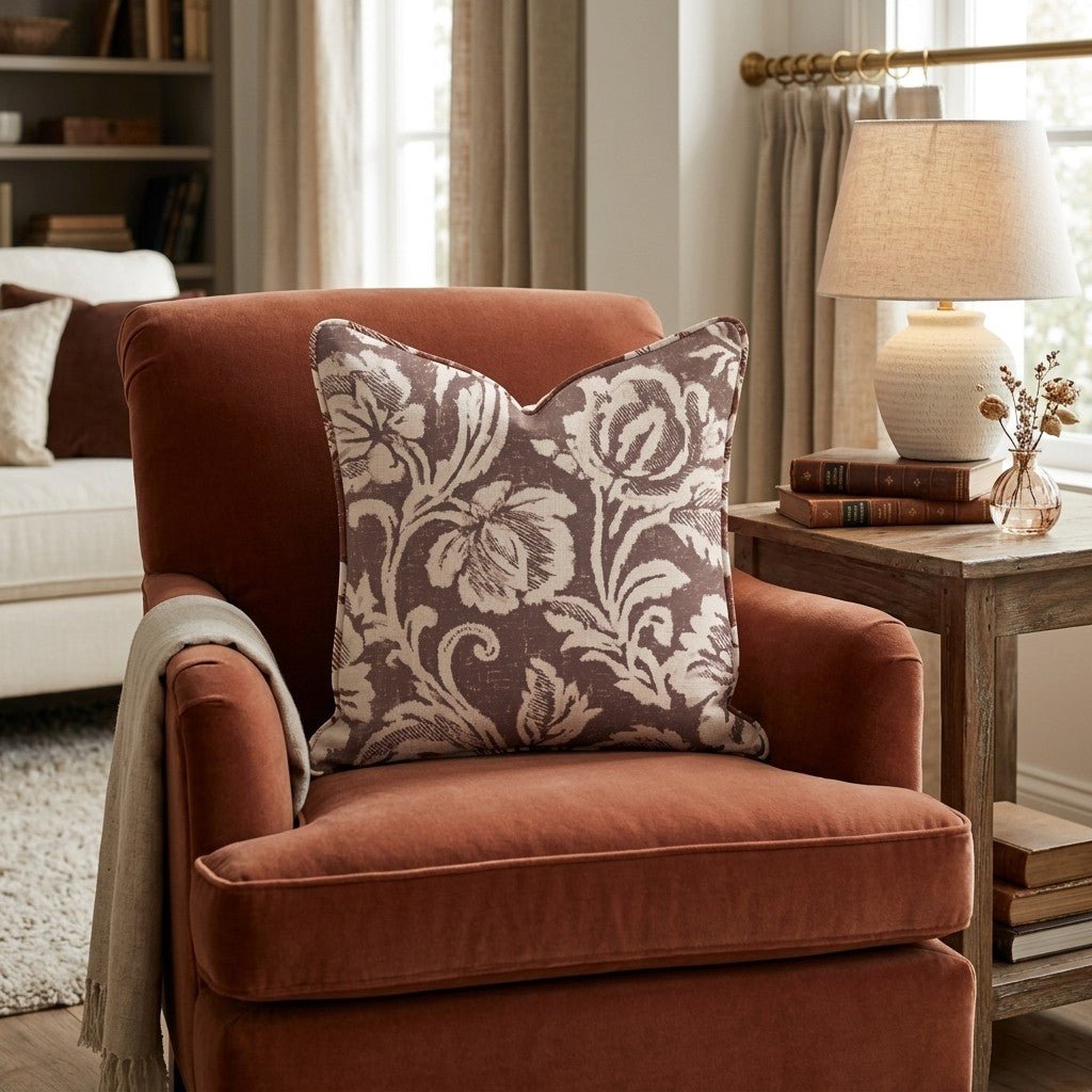 Brown Damask Rose Throw Pillow throw pillow - Hillcroft Home