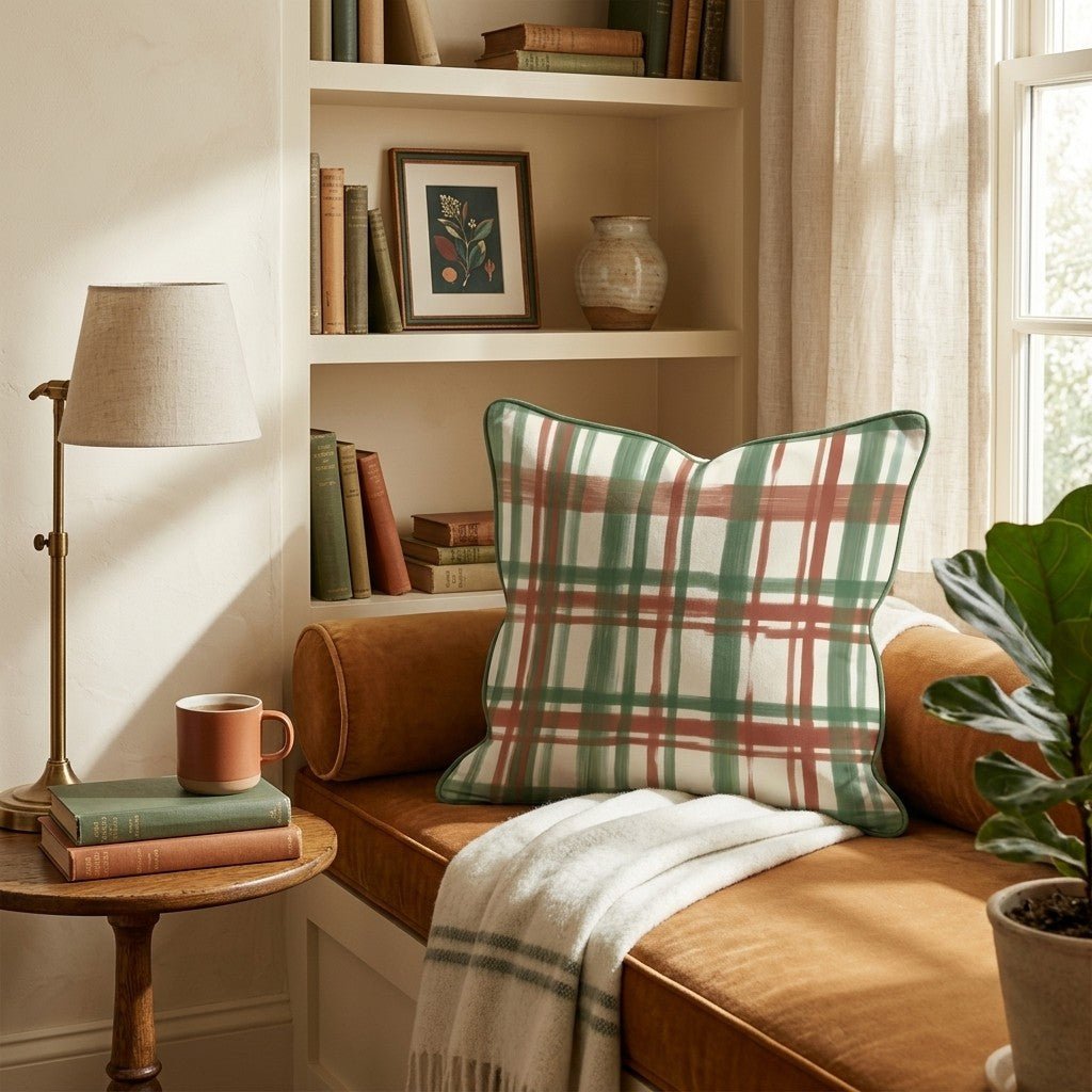 Brushstroke Green Plaid Throw Pillow - Hillcroft Home