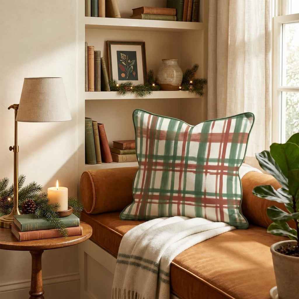 Brushstroke Green Plaid Throw Pillow throw pillow - Hillcroft Home