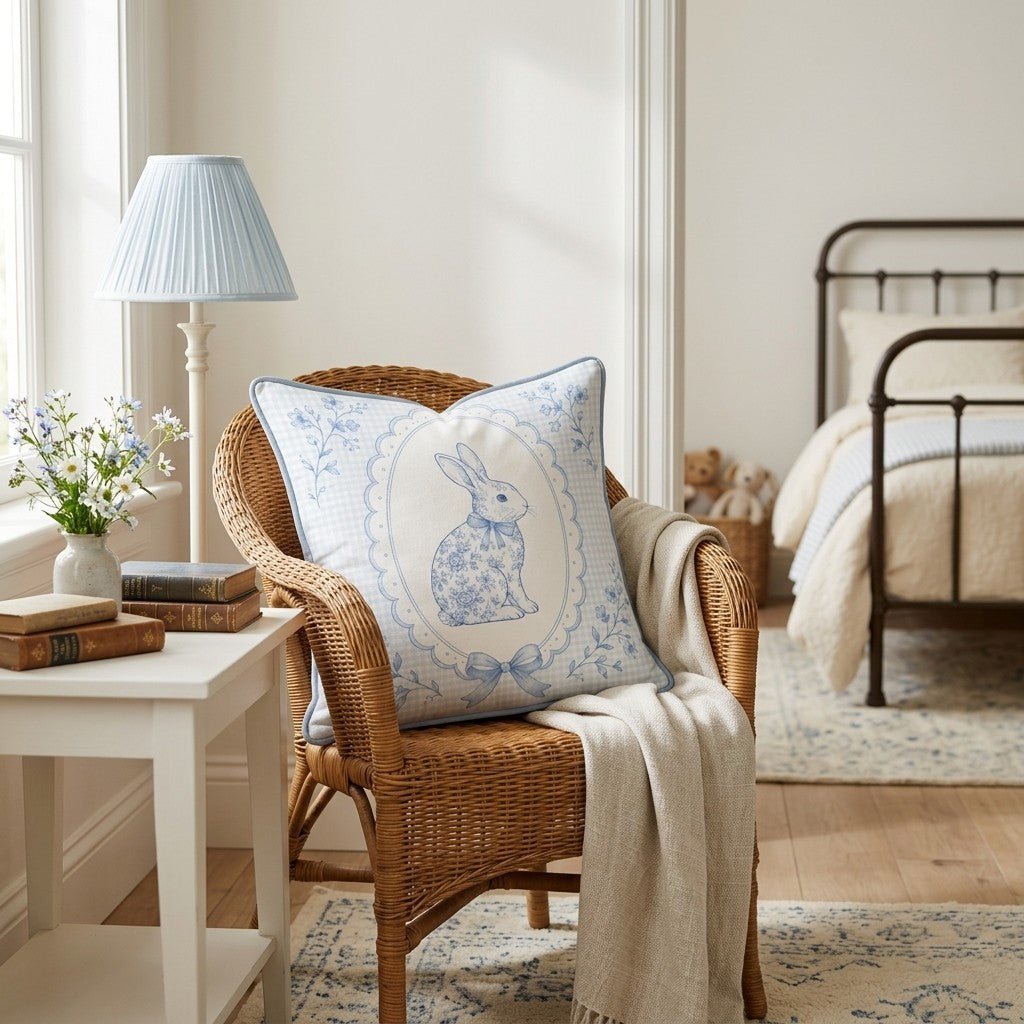 Bunny Portrait Blue Throw Pillow - Hillcroft Home