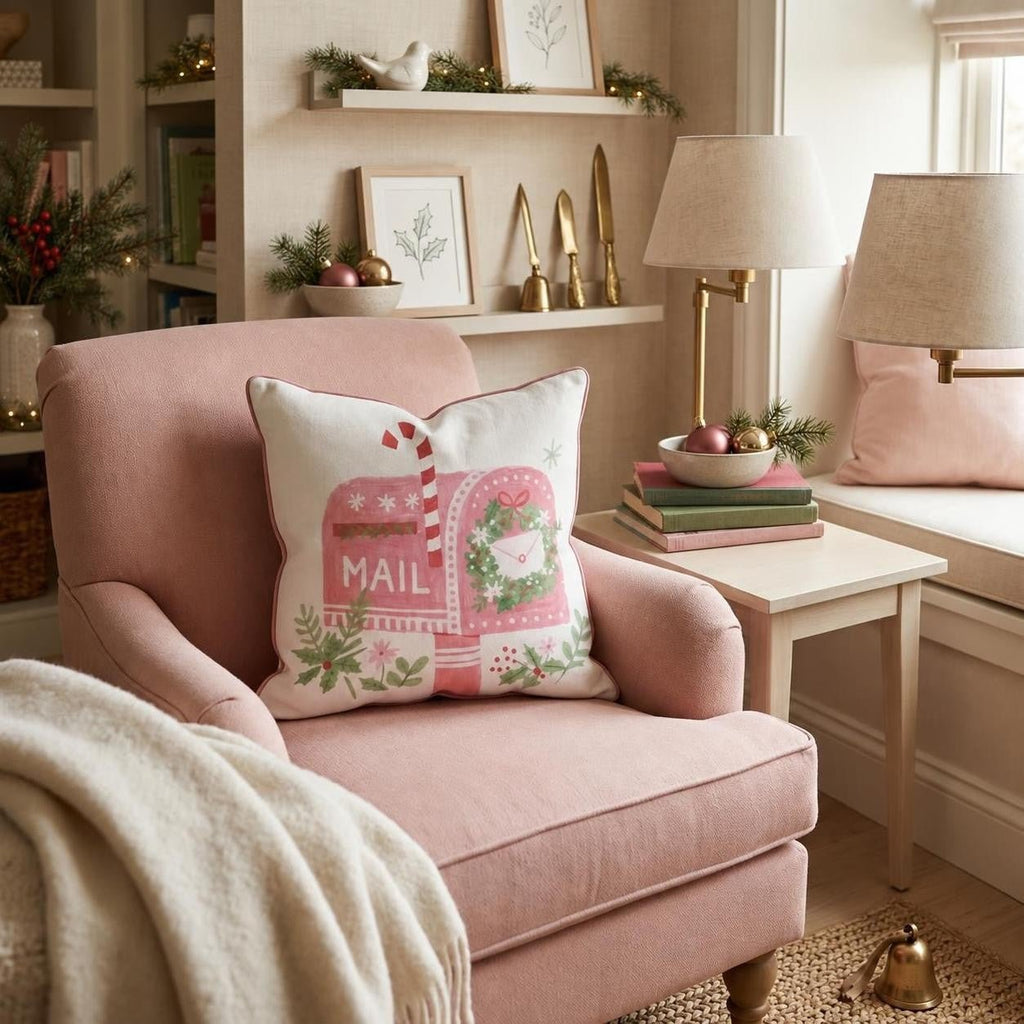 Candy Cane Mailbox Wreath Throw Pillow throw pillow - Hillcroft Home
