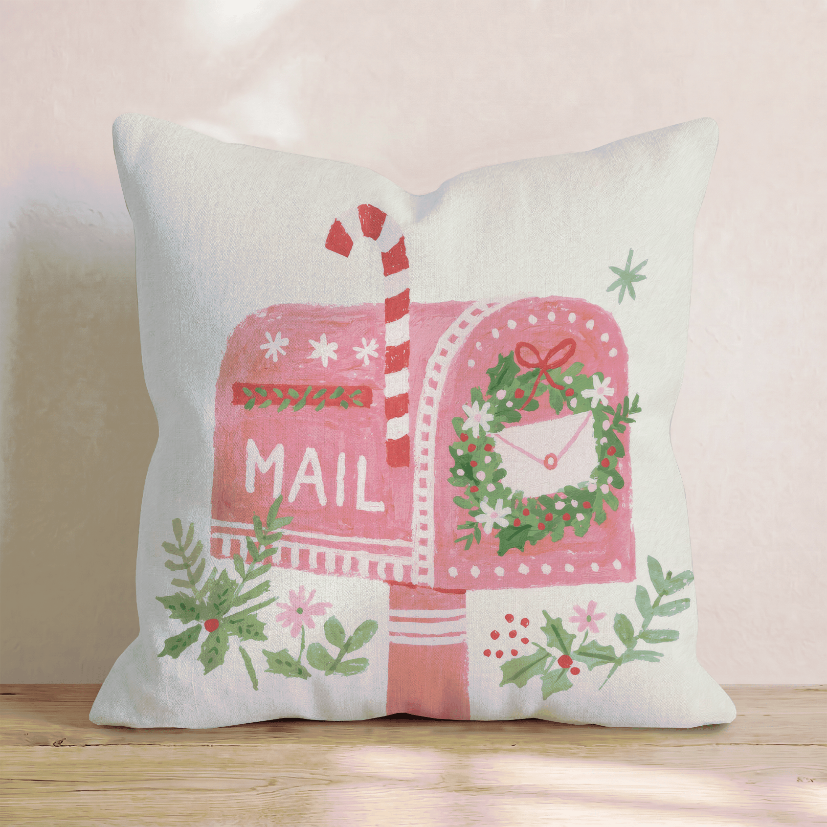 Candy Cane Mailbox Wreath Throw Pillow - Hillcroft Home