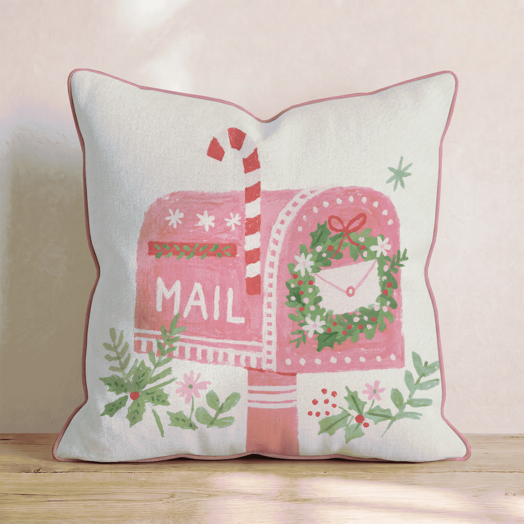 Candy Cane Mailbox Wreath Throw Pillow - Hillcroft Home