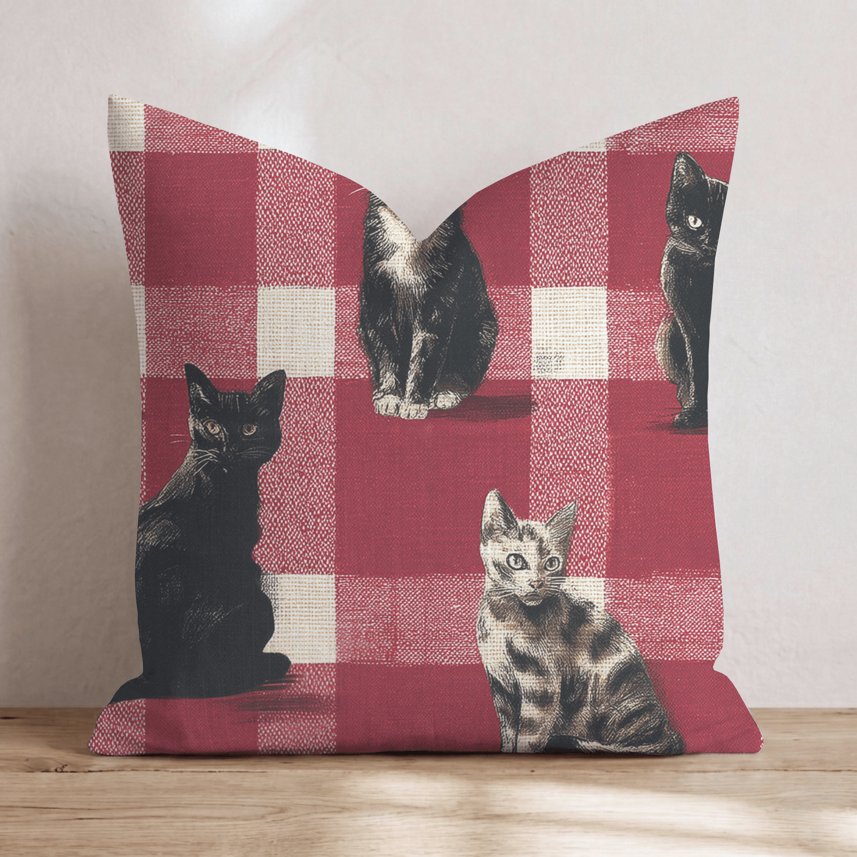 Cats on Picnic Gingham Throw Pillow - Hillcroft Home