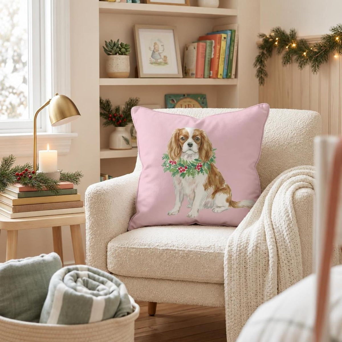 Cavalier King Charles Spanie Berry Wreath Throw Pillow throw pillow - Hillcroft Home