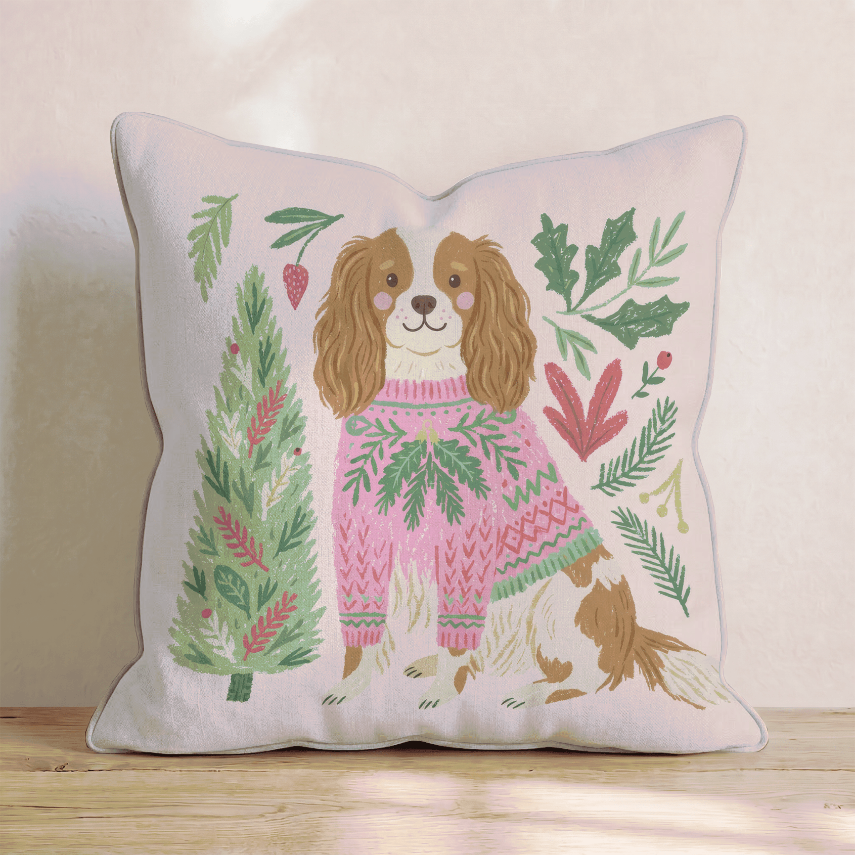 Cavalier King Charles Spaniel Holiday Sweater Throw Pillow - Hillcroft Home