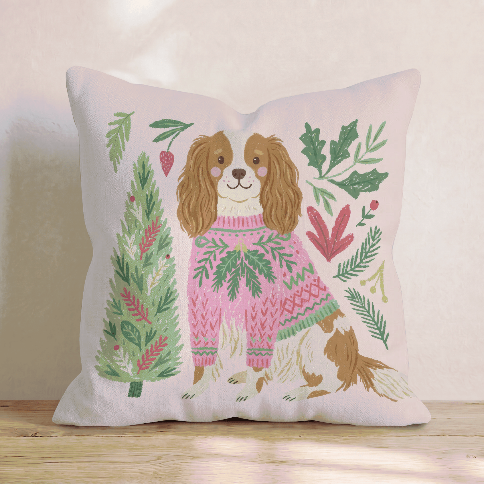 Cavalier King Charles Spaniel Holiday Sweater Throw Pillow - Hillcroft Home