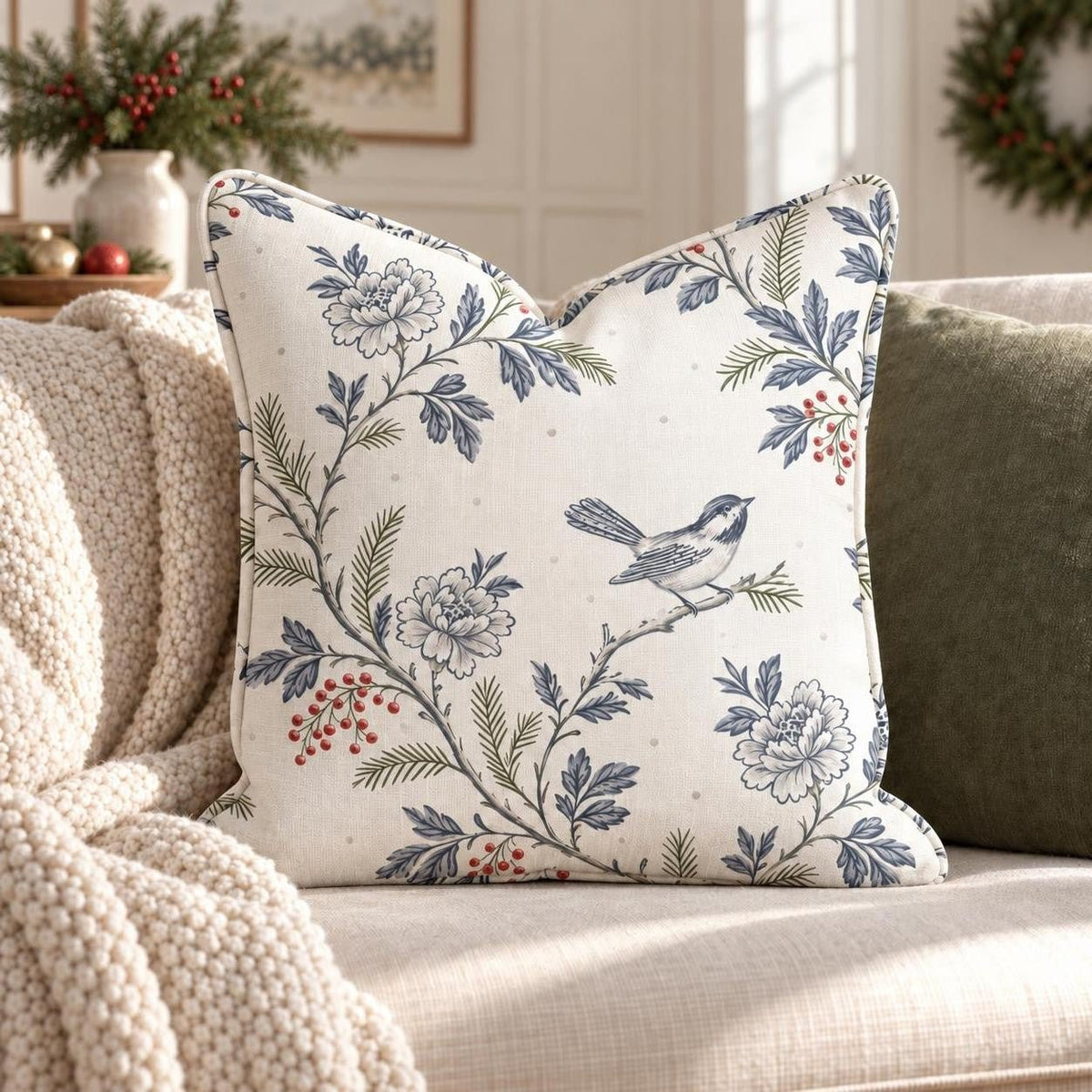Chickadee Toile Throw Pillow throw pillow - Hillcroft Home