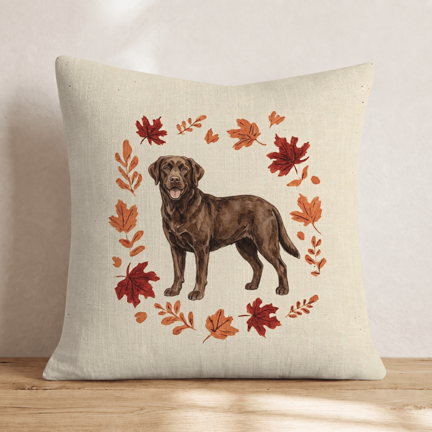Chocolate Labrador Retriever Fallen Leaves Throw Pillow - Hillcroft Home