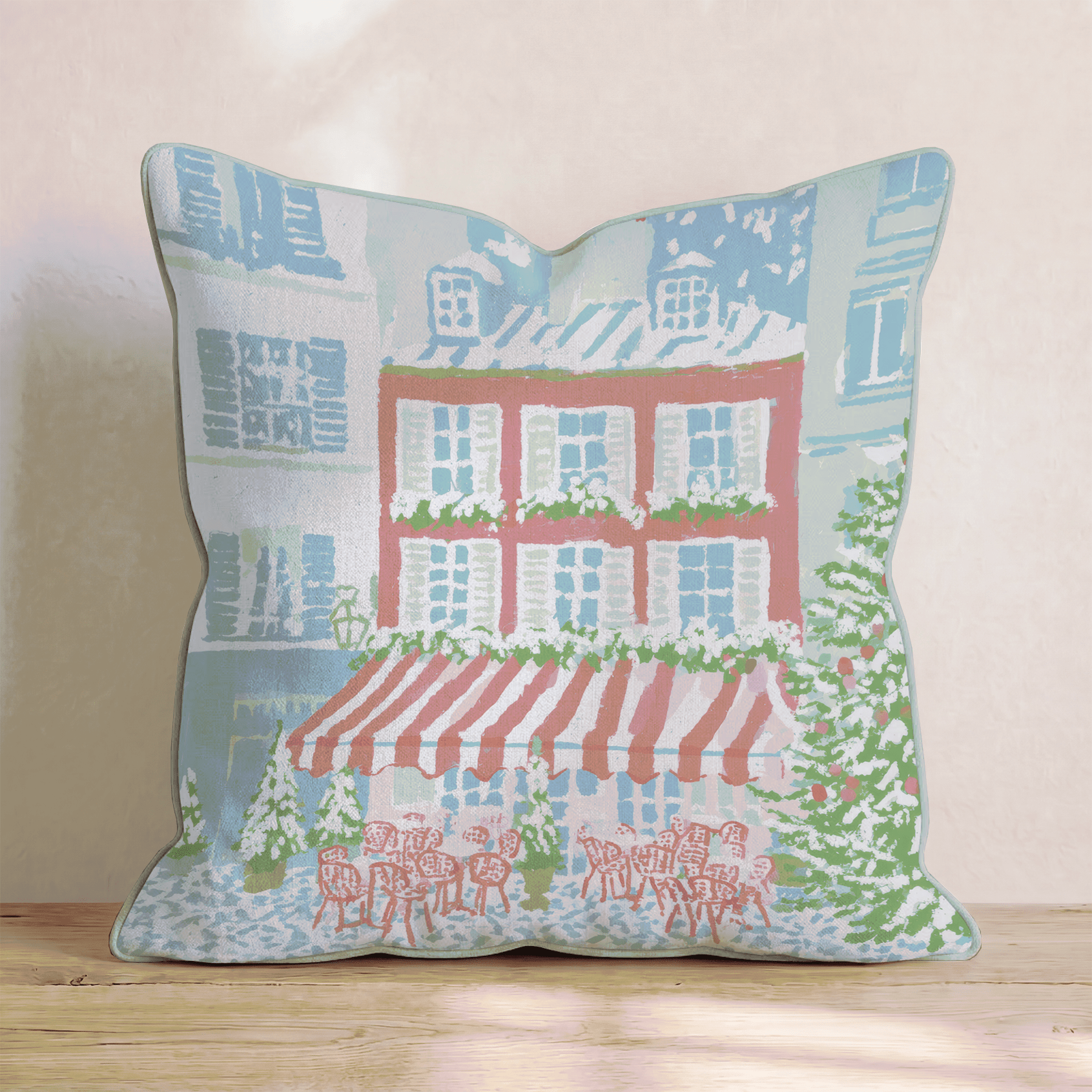 Christmas Paris Cafe Throw Pillow - Hillcroft Home