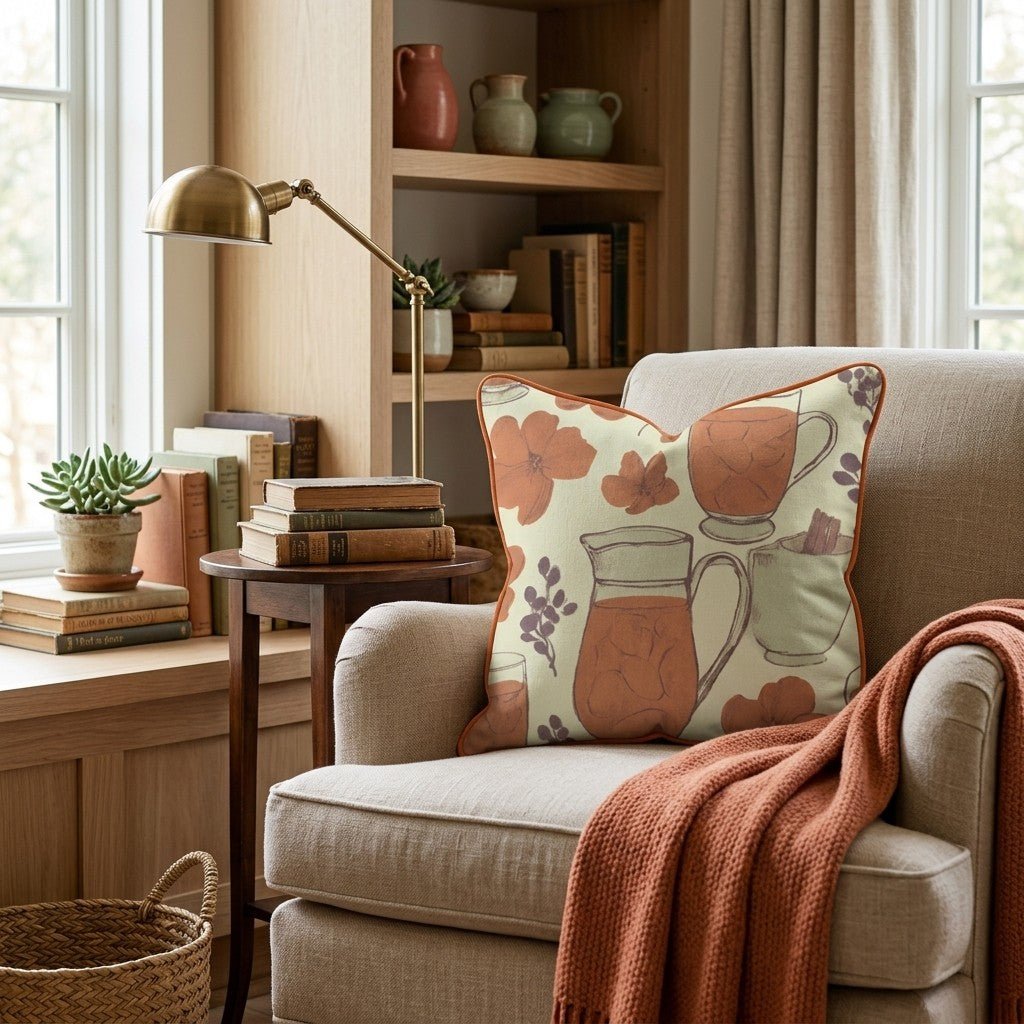 Cider Mugs & Blossoms Throw Pillow - Hillcroft Home