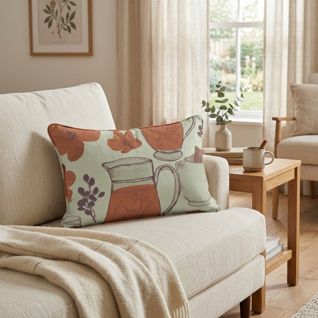 Cider Mugs & Blossoms Throw Pillow - Hillcroft Home