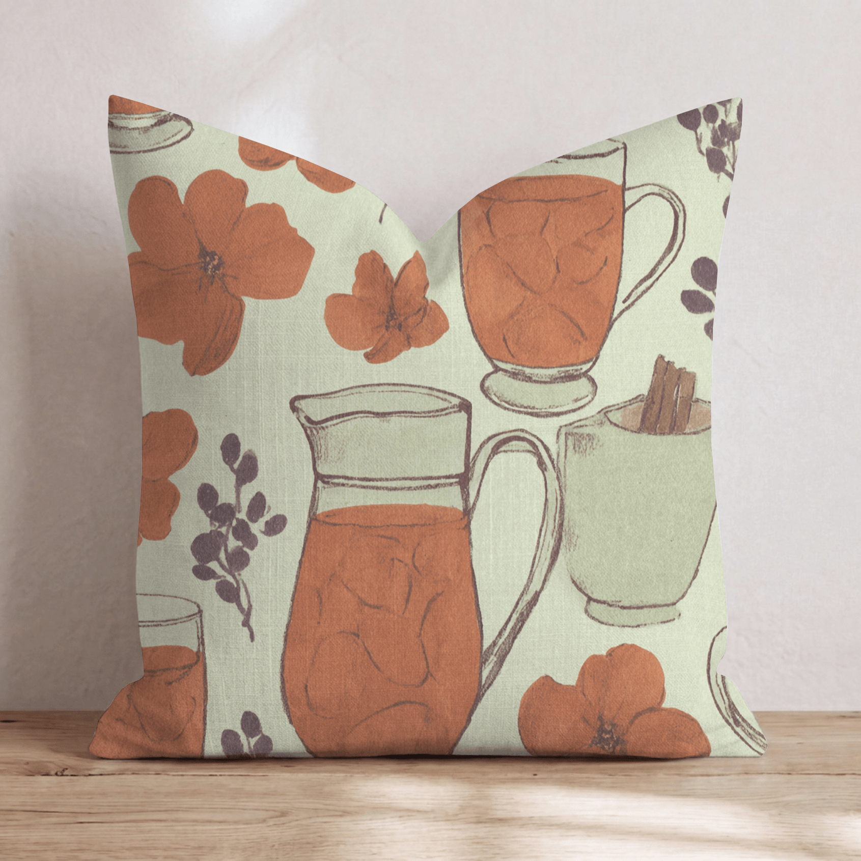 Cider Mugs & Blossoms Throw Pillow - Hillcroft Home