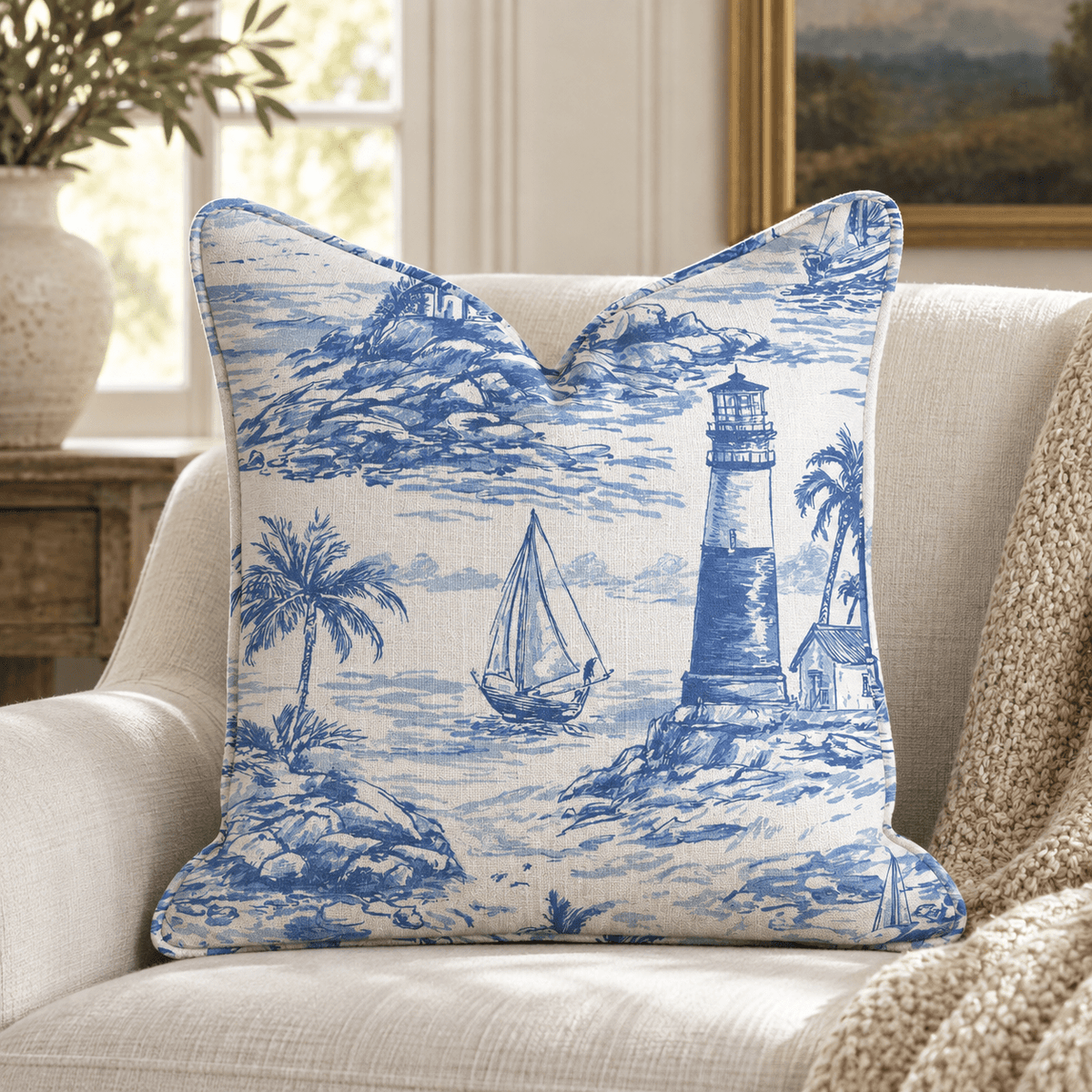 Coastal Toile Throw Pillow throw pillow - Hillcroft Home