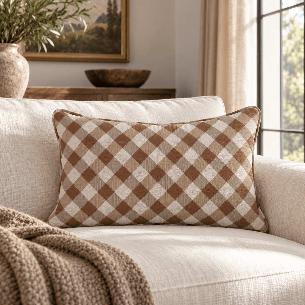 Cocoa Gingham Throw Pillow throw pillow - Hillcroft Home
