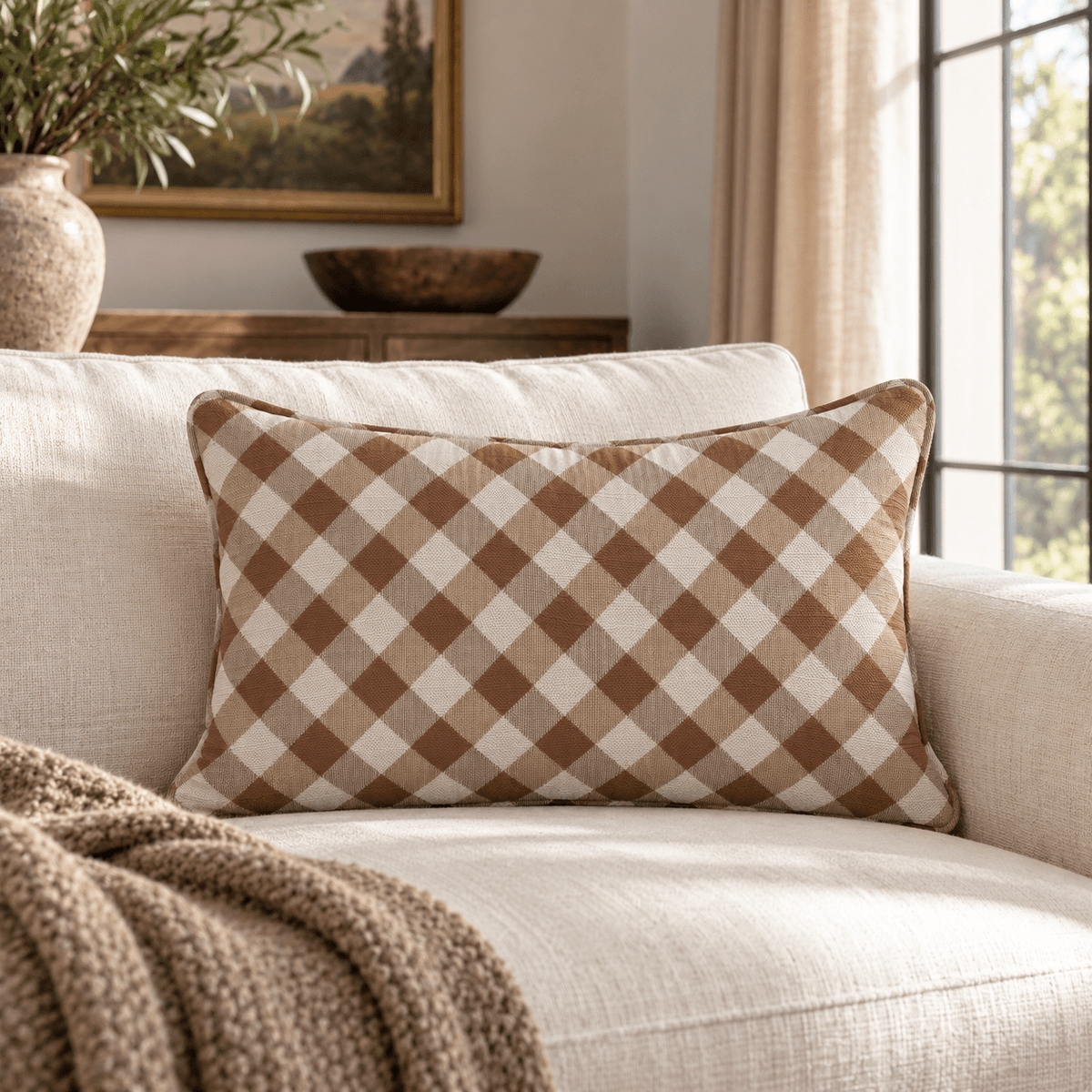 Cocoa Gingham Throw Pillow throw pillow - Hillcroft Home