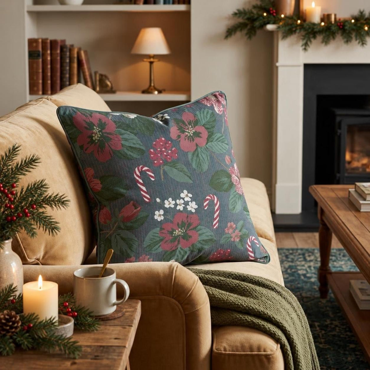 Cranberries And Candy Canes Throw Pillow throw pillow - Hillcroft Home