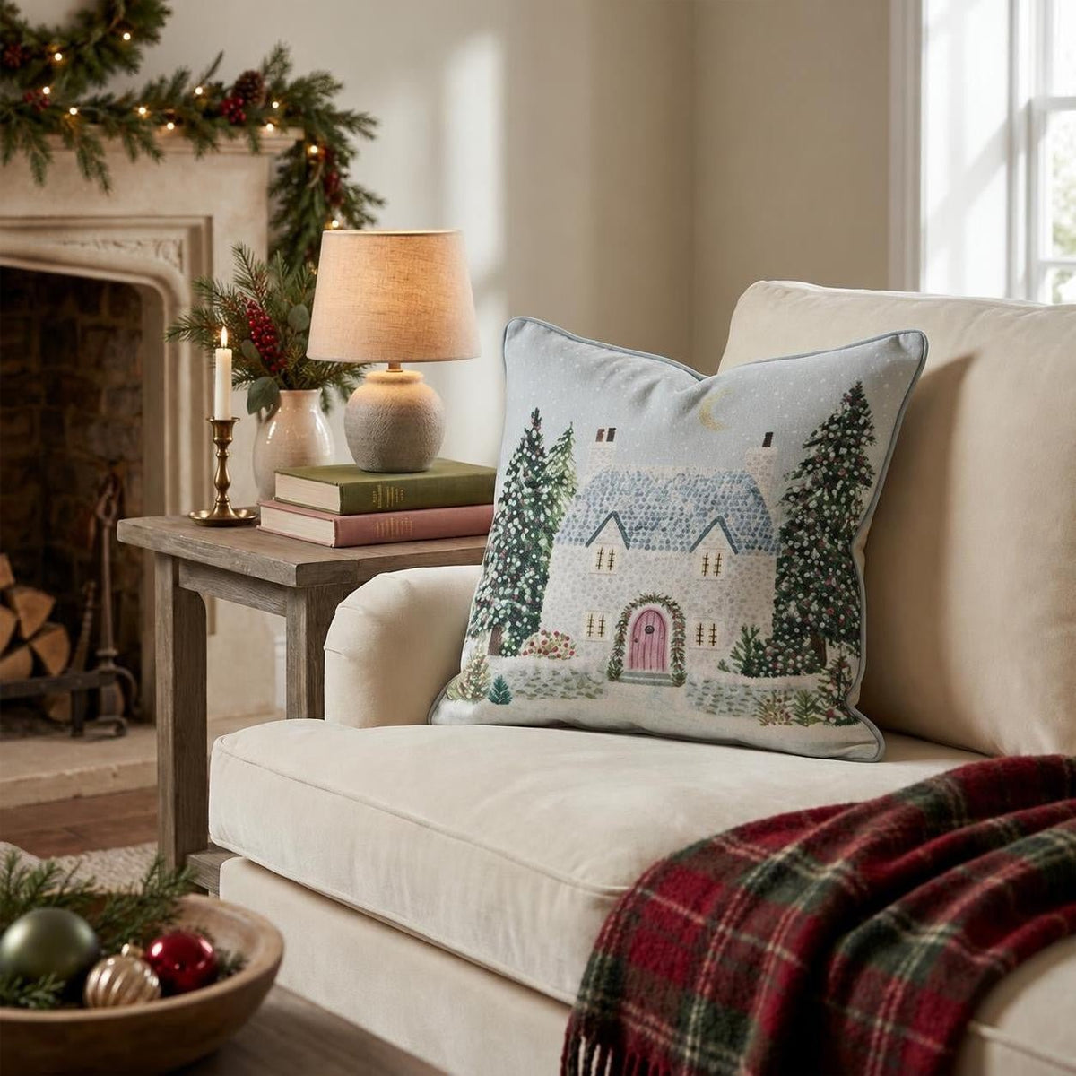 Crescent Moon Stone Cottage Throw Pillow throw pillow - Hillcroft Home