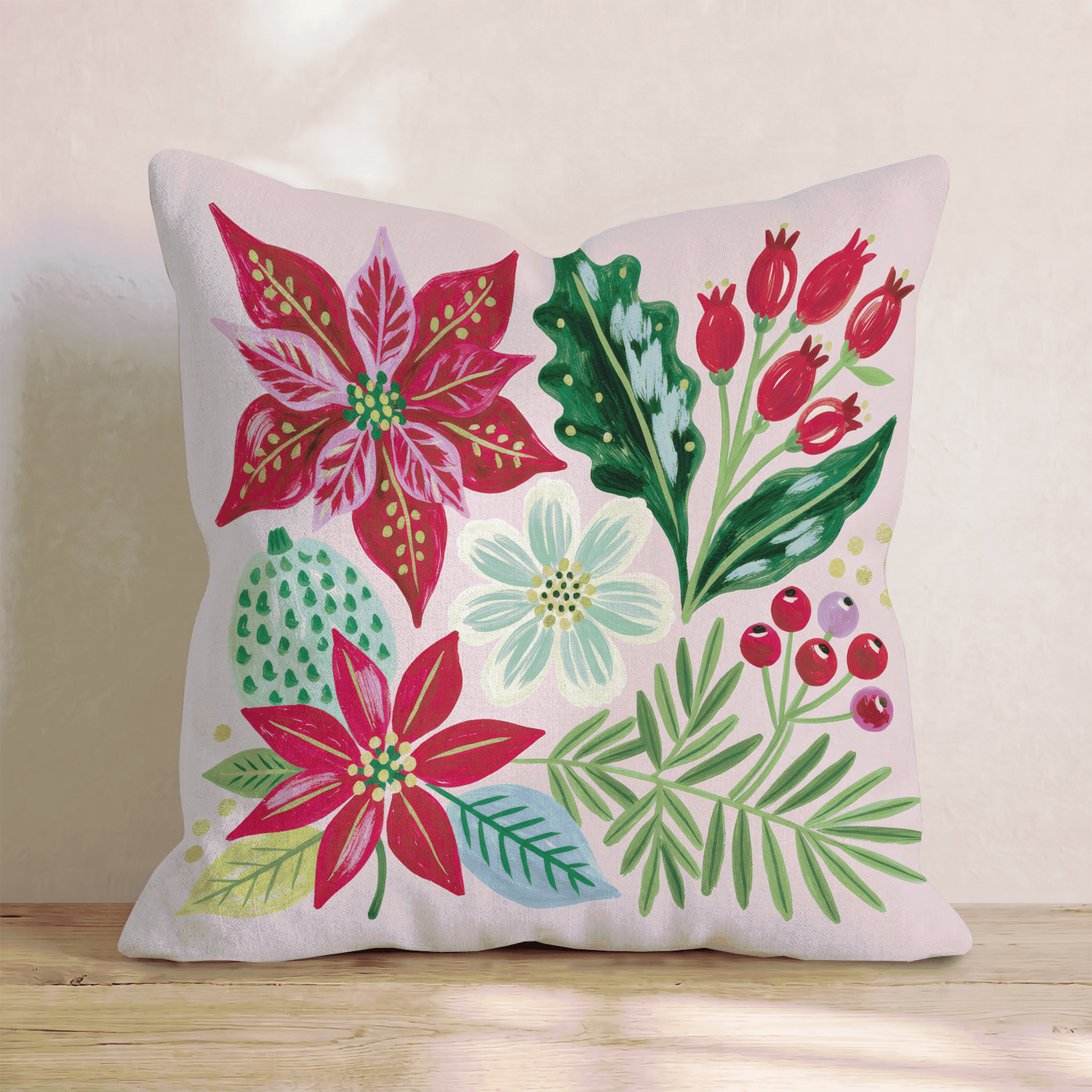 Crimson Poinsettia Sprig Throw Pillow - Hillcroft Home
