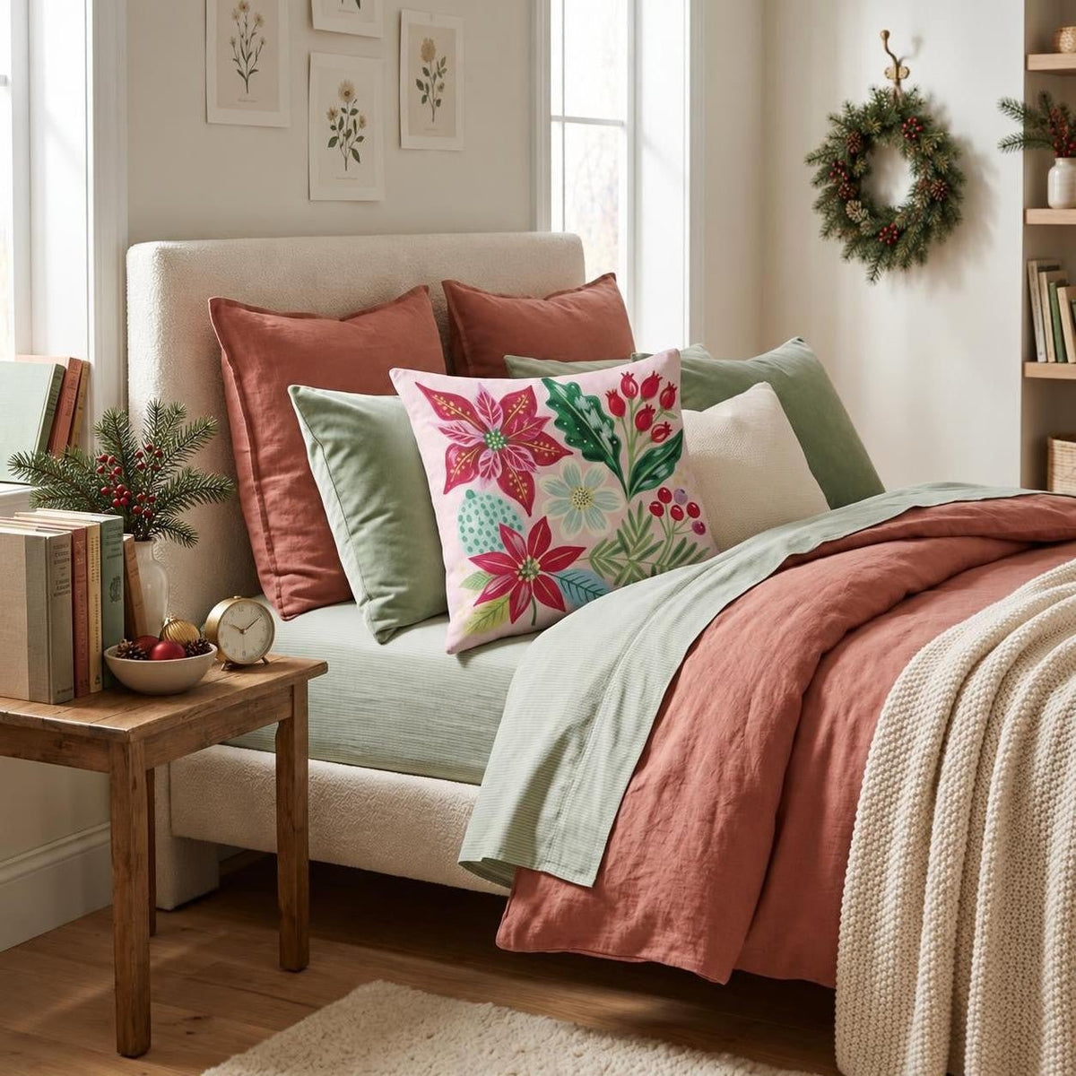 Crimson Poinsettia Sprig Throw Pillow throw pillow - Hillcroft Home
