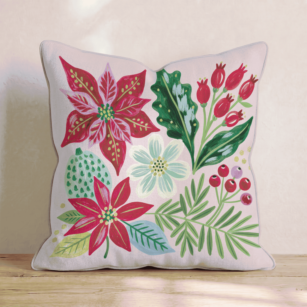 Crimson Poinsettia Sprig Throw Pillow - Hillcroft Home