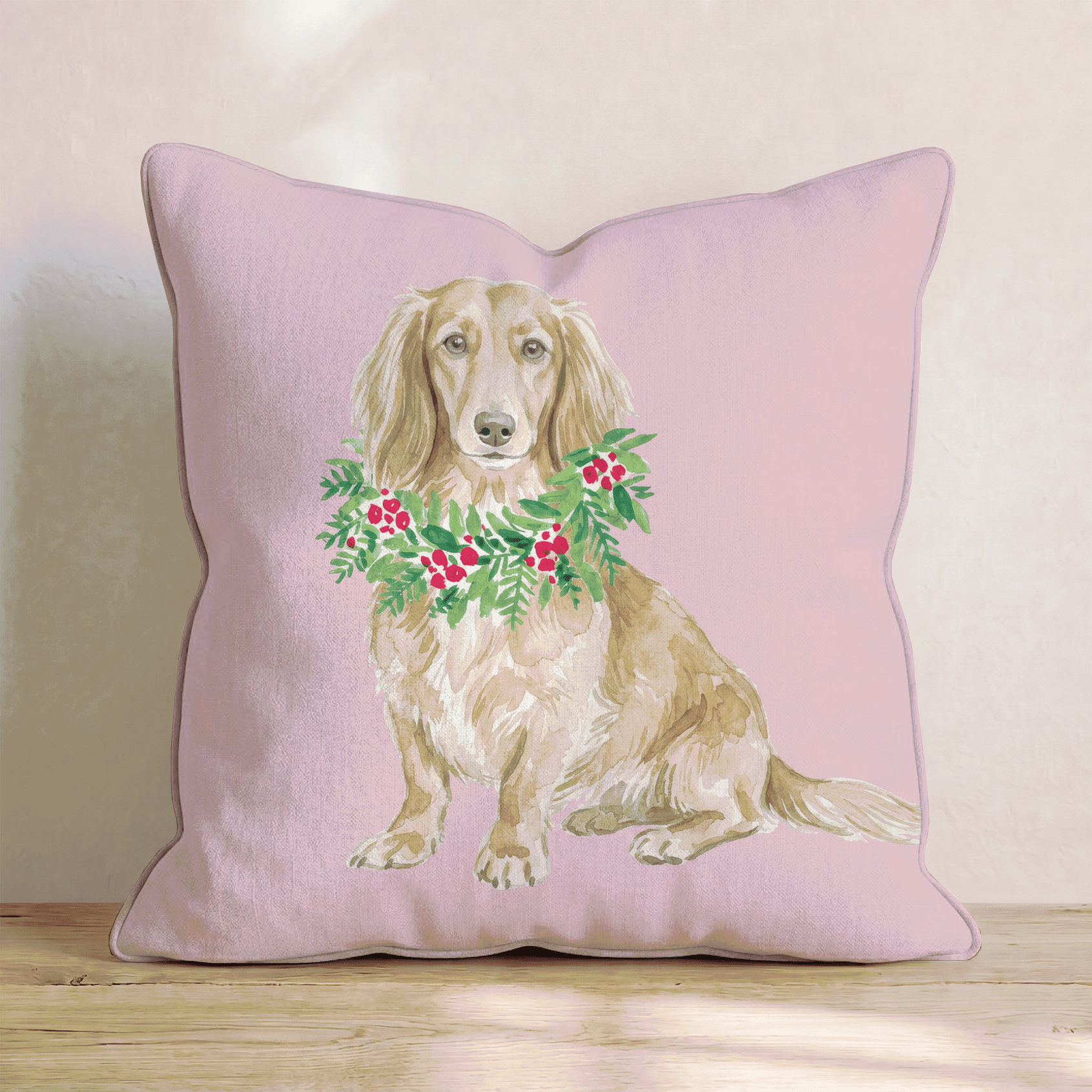 Dachshund Berry Wreath Throw Pillow - Hillcroft Home
